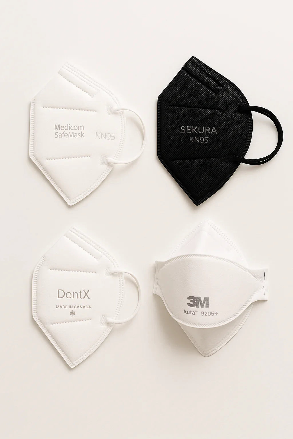 Comparison of top-rated KN95 and N95 masks including Medicom SafeMask, Sekura Black, DentX, and 3M Aura, showing different designs and comfort options