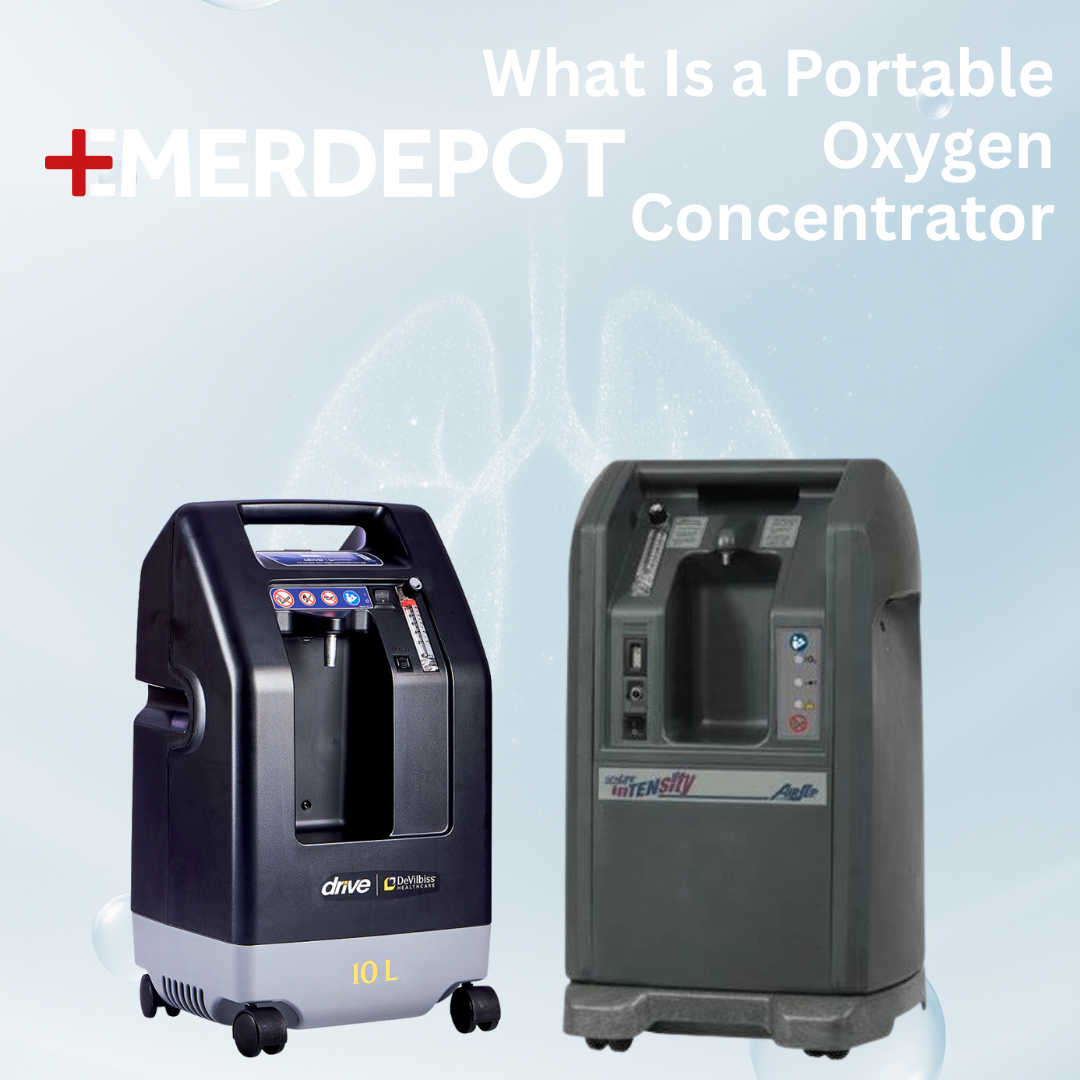 Drive DeVilbiss and AirSep stationary oxygen concentrators on a medical background with the title What Is a Portable Oxygen Concentrator